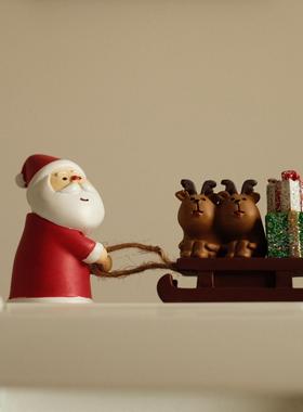 迷你圣诞老人拉雪橇麋鹿造景氛围可爱桌面公仔圣诞节装饰摆件礼物