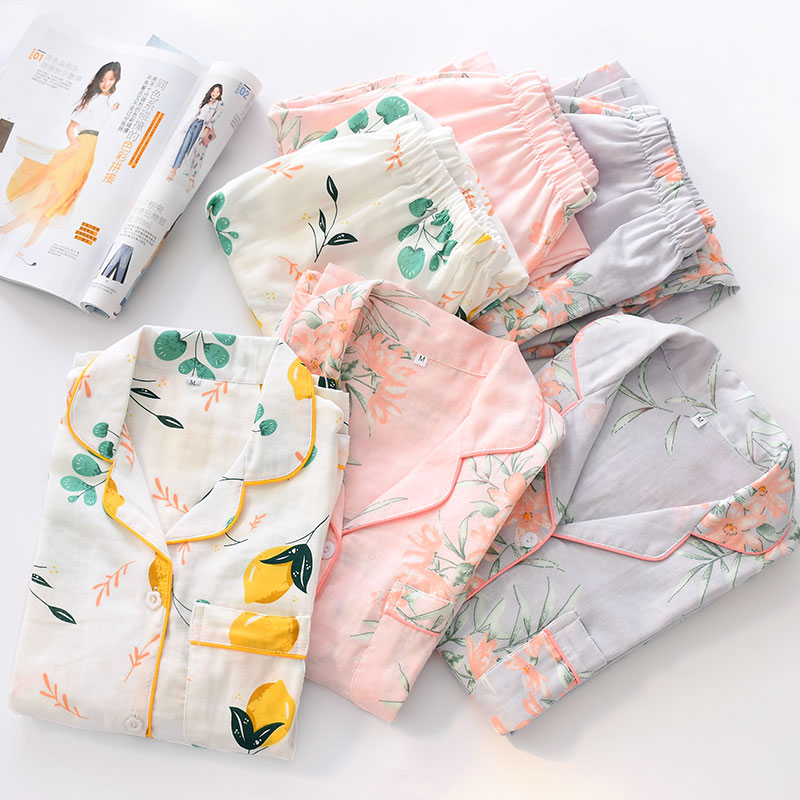 春夏薄款女士纯棉纱布睡衣长袖长裤全棉双层棉线家居服碎花开衫