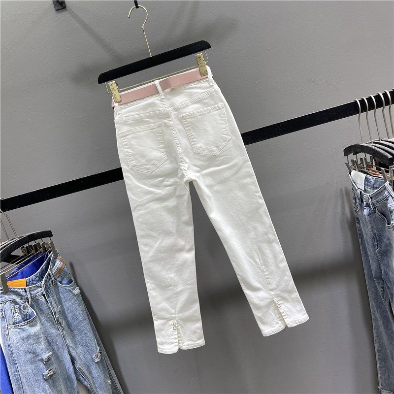 白色直筒牛仔裤女2024秋季新款裤脚开叉高腰显瘦小个子八分烟管裤
