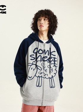 conklab 可可羊撞色插肩袖拉链帽衫男秋冬加绒加厚情侣卫衣外套潮