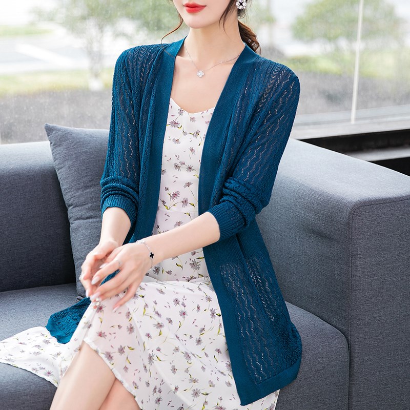 夏季v领针织开衫中长款2023中年新款女士镂空薄外搭披肩外套春秋