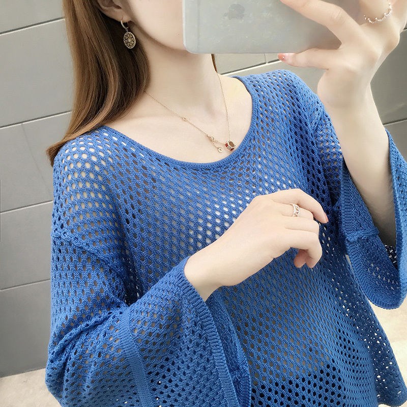 大码镂空针织衫女短款宽松罩衫新款薄款夏装喇叭袖网衫宽松蝙蝠衫