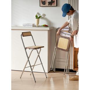 折叠高脚凳子靠背椅吧台椅实木藤编高椅极有家中古家用新款酒吧椅