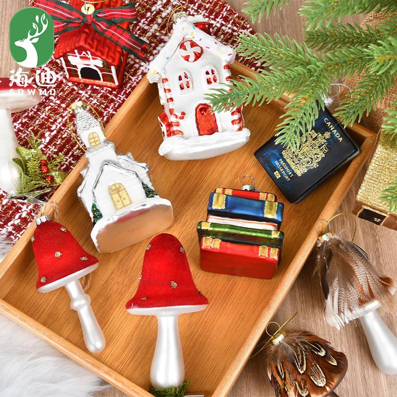 圣诞装饰玻璃彩绘球房子蘑菇造型吊饰圣诞树场景布置挂件节日礼物