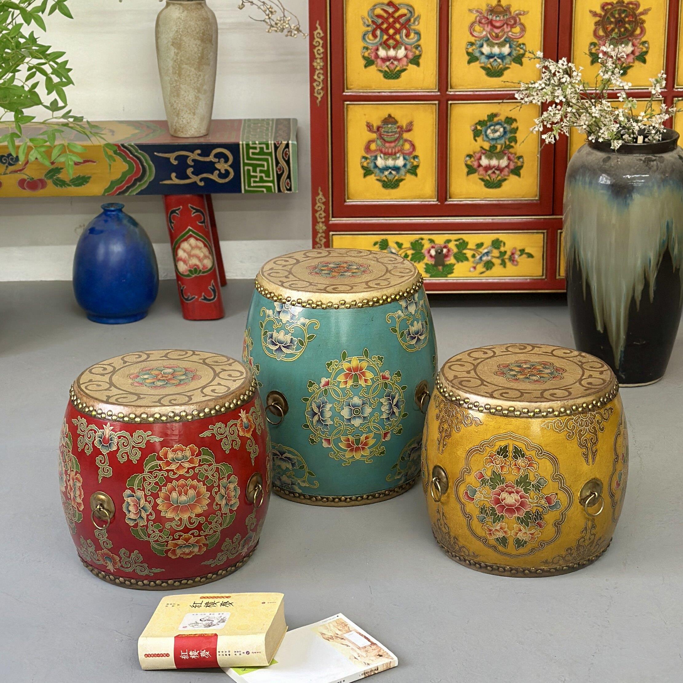 中式鼓凳鼓墩皮鼓实木彩绘凳子换鞋凳圆凳矮凳餐凳床尾古筝客厅凳