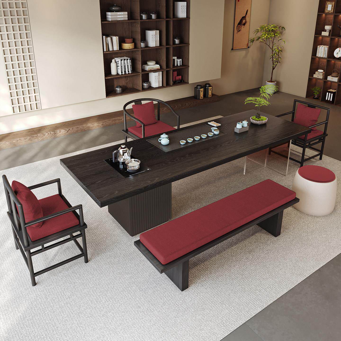 侘寂风实木茶桌椅组合新中式茶馆客厅阳台民宿茶台黑色碳化大板桌