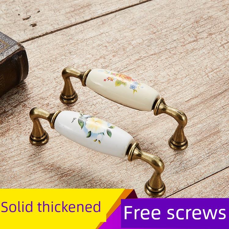 拉手欧式茶花陶瓷拉手橱柜家具抽屉衣柜门田园彷古兰花青古铜把手