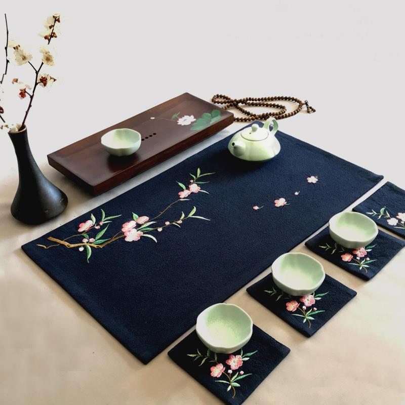 棉麻手工禅意刺绣茶席中式茶道手绘功夫麻布茶垫茶旗桌旗茶帘促销