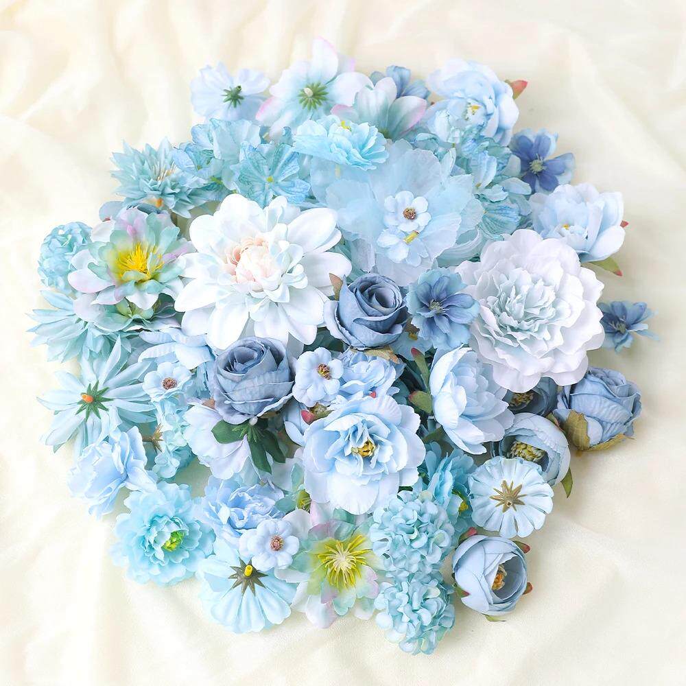 蓝色系仿真花头 绢花diy手工簪花材料服装婚庆花墙装饰痛包假花