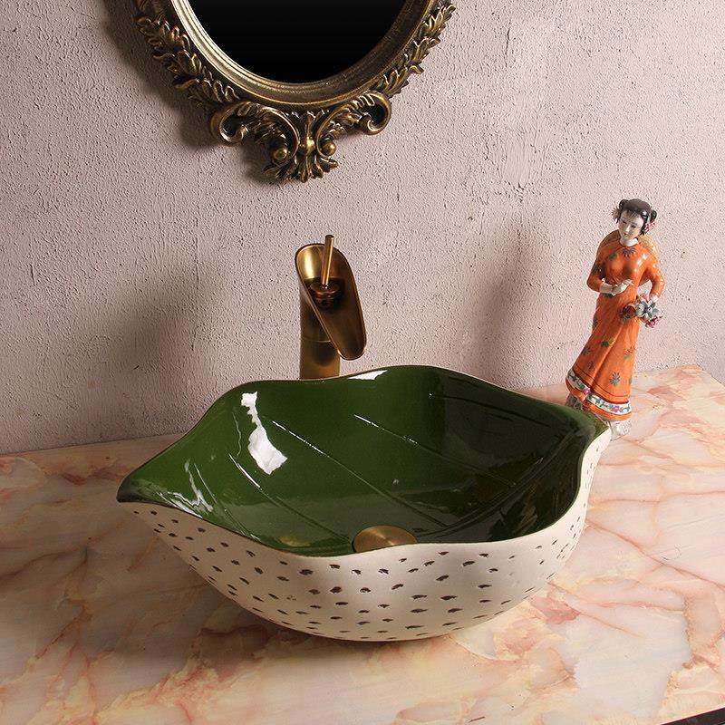 陶瓷复古树叶艺术台上盆新中式仿古异形洗手盆阳台洗脸盆个性面盆