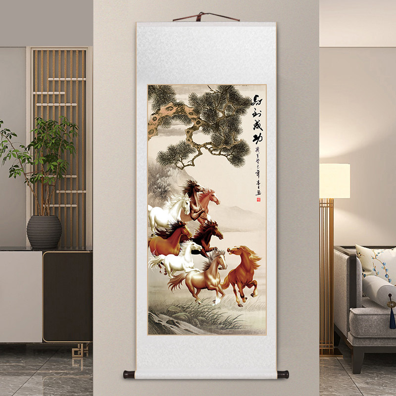 马到成功挂画中式客厅玄关装饰画卷轴装裱老板办公室字画茶室壁画