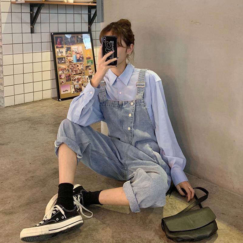 秋季复古背带裤新款时尚宽松牛仔裤女显瘦显高卷边直筒阔腿裤,女装/女士精品,牛仔裤,淘宝优惠券,粉丝福利购,淘宝优惠卷