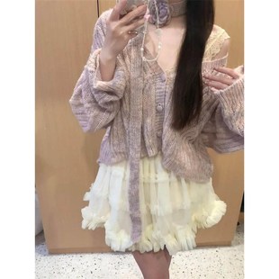 法式甜美气质紫色立体花朵飘带V领针织毛衣+高腰半身短裙两件套装