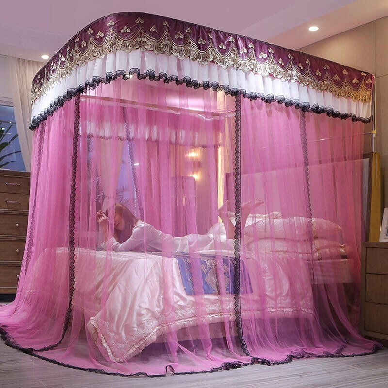 艾君乐U型导轨蚊帐三开门家用双人床不打墙加粗铝合金支架落地宫