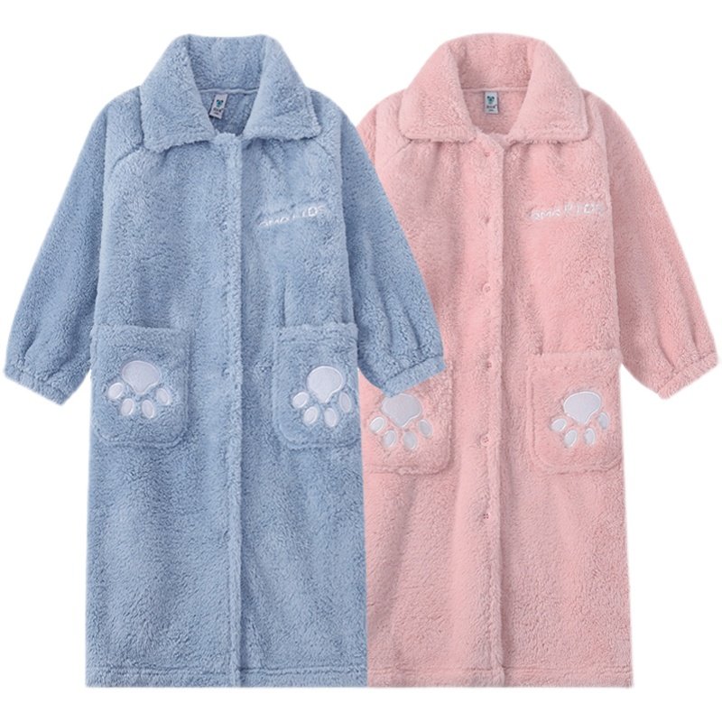 冬季加厚男童睡袍珊瑚绒女童浴袍法兰绒宝宝睡衣儿童加长款家居服