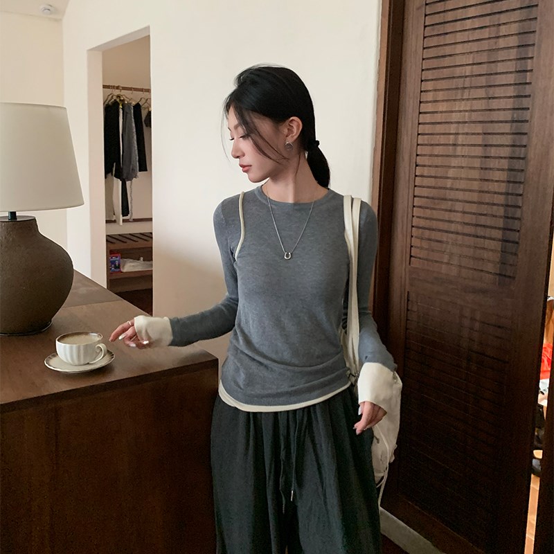 Romantic echo黑色针织打底衫女撞色修身显瘦内搭春秋长袖上衣