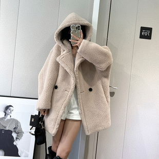 2023冬季新款泰迪大衣短款小个子羊羔毛颗粒羊剪绒连帽皮草外套女