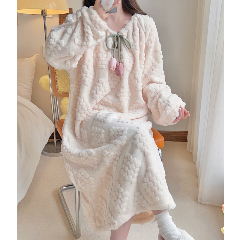 珊瑚绒睡裙女冬季加绒加厚甜美公主风可爱睡衣女法兰绒孕妇中长版