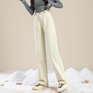 加绒加厚高腰窄版阔腿牛仔裤女2024冬季新款宽松保暖不臃肿直筒裤