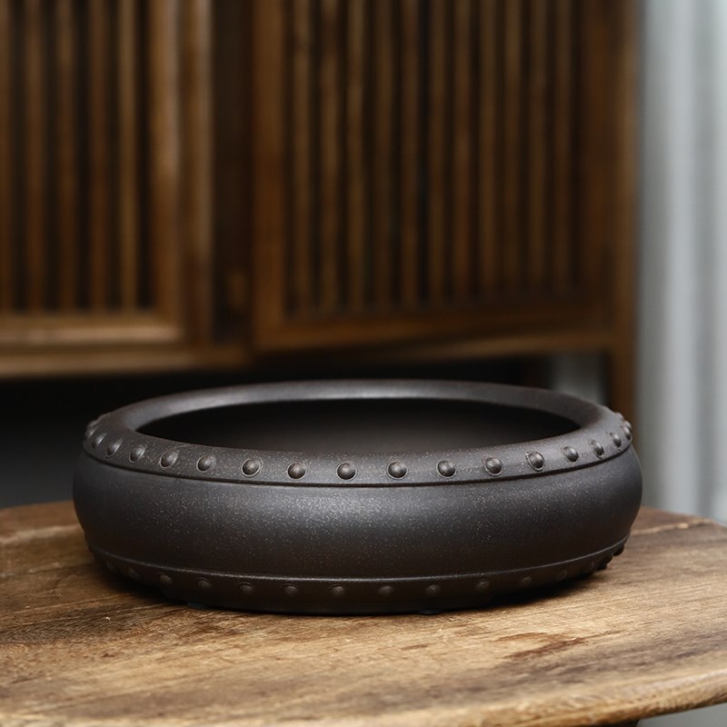 精品紫砂盆景花盆程良正古铜泥鼓钉浅圆形黄杨老桩石榴金弹子古典