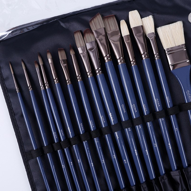 艺博15支油画笔套装猪鬃圆头丙烯水粉笔油画笔尼龙毛布包画笔