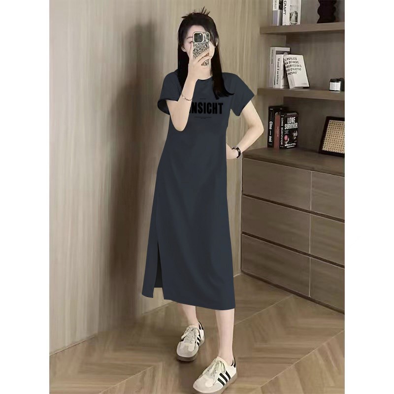 设计感长款过膝休闲T恤裙女圆领短袖时尚灰色中长款开叉连衣裙