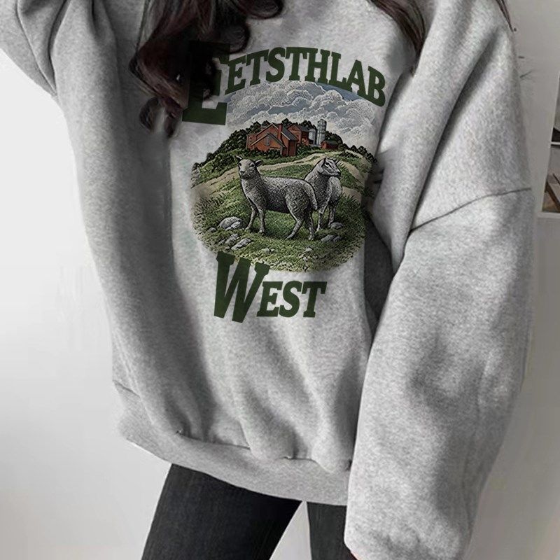 春秋季加绒卫衣女款小个子2024新款国潮宽松大码圆领无帽灰色上衣