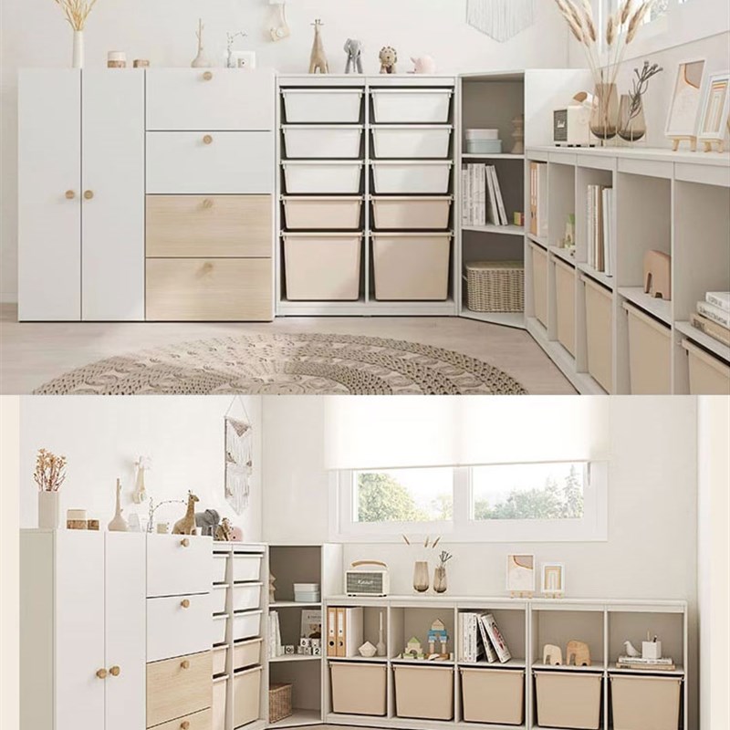 北欧奶油风儿童房成套家俱拐角收纳柜绘本架教具柜衣柜斗柜床环保