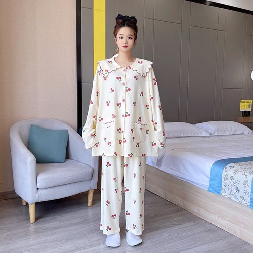 可爱樱桃睡衣女开衫加肥加大码纯棉长袖春秋胖mm200斤家居服套装