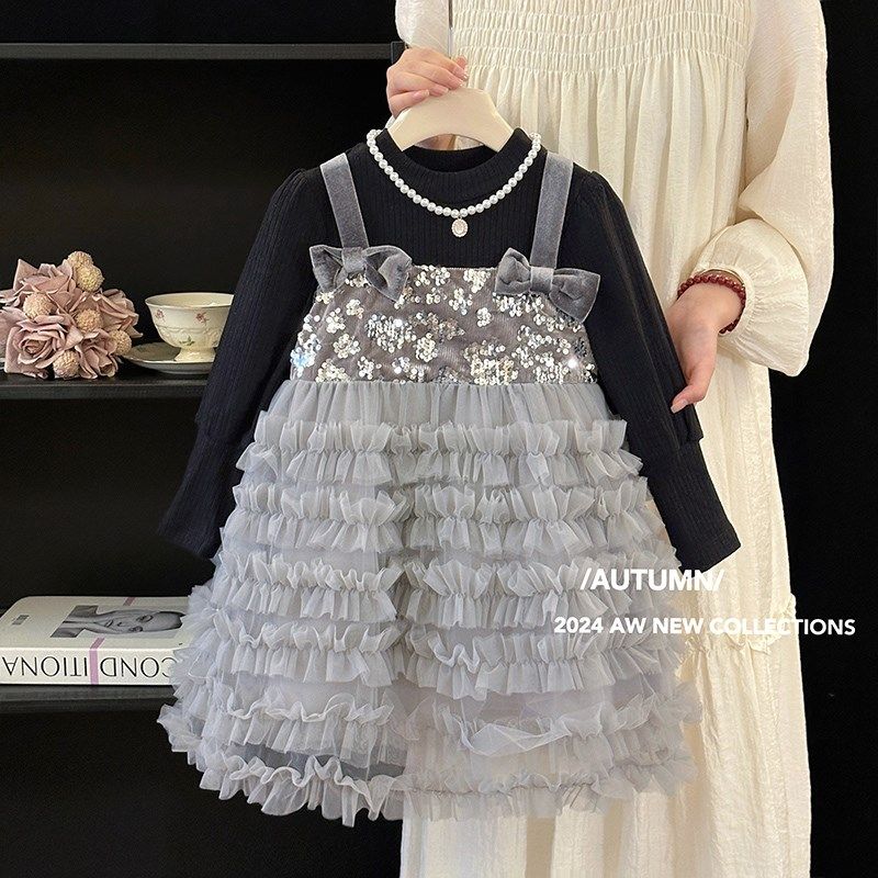 女童连衣裙春秋2024新款儿童高级感蛋糕裙亮片礼服洋气黑色公主裙,童装/婴儿装/亲子装,连衣裙,淘宝优惠券,粉丝福利购,淘宝优惠卷