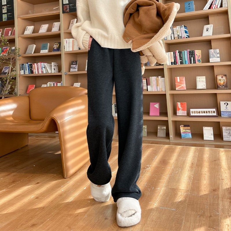灰色加绒毛呢窄版阔腿裤女秋冬高腰垂感人字纹加厚直筒休闲西装裤
