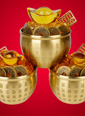 招财进宝百福铜缸聚宝盆纯黄铜米缸客厅玄关摆件聚财小铜盆存钱罐