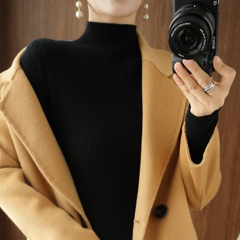 配大衣的半高领毛衣女新款2022秋冬修身内搭中领紧身针织打底衫女
