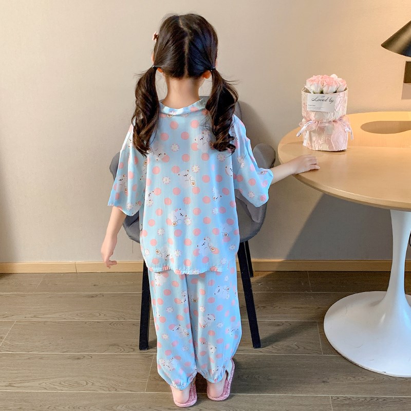 女童棉绸睡衣薄款夏季短袖小孩儿童中大绵绸空调家居服蓝点兔套装
