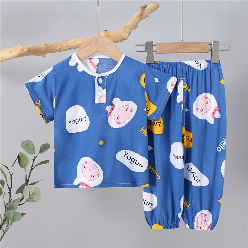 夏季儿童短袖睡衣绵绸男童女童宝宝纯棉绸空调家居服套装男孩薄款