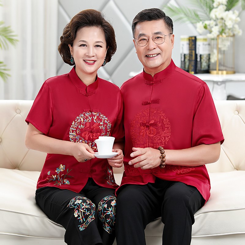 唐装男中老年夏季爷爷奶奶情侣装老人生日过寿爸爸短袖套装婚礼服