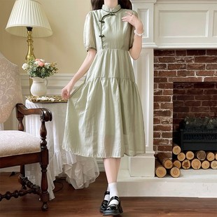 女大童衣服新中式旗袍连衣裙新款森系少女孩小清新学生过膝长裙子