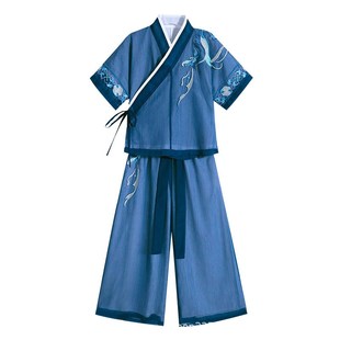 高端宝蓝色儿童汉服男童中国风宋朝服唐装夏季裤子短袖宝宝套装