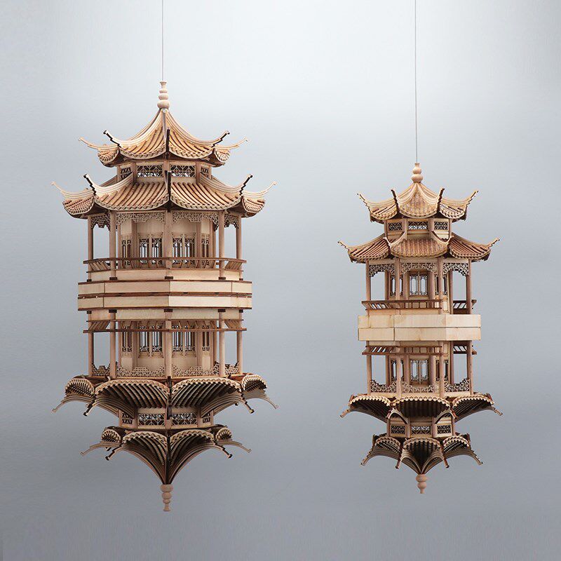 新中式八角塔古建筑模型亭子造景悬挂镜像书房茶室吊饰样板房挂件