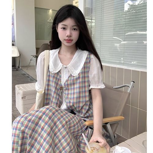 大码女装2024夏季胖mm显瘦三件套复古少格子马甲+半身裙+花边衬衫