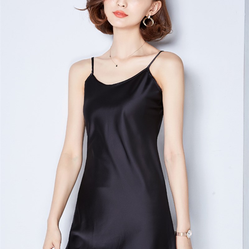 黑色蕾丝吊带裙女中长款内搭防走光打底裙衬裙缎面睡裙真丝连衣裙