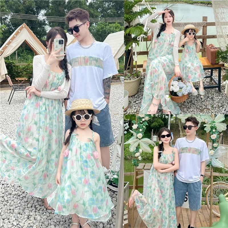 三亚度假亲子装夏季高级海边沙滩v领碎花全家装郁金香母女连衣裙,童装/婴儿装/亲子装,亲子装/亲子时装,淘宝优惠券,粉丝福利购,淘宝优惠卷
