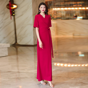 红色连衣裙2024夏季款修身显瘦气质V领高端精致超长裙到脚踝1873