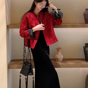 新中式国风唐装红色外套吊带连衣裙两件套装2024年早春季新款女装