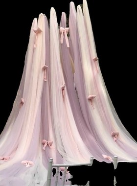 粉紫色淡黄色软纱幔婚礼迎宾背景瀑布纱装饰活动舞台布置网纱