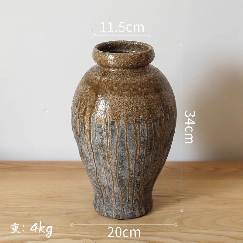 中式复古陶瓷花瓶摆件客厅装饰落地插花花器做旧大粗陶罐花盆其他