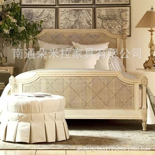 法式轻奢实木藤编床民宿高背大床美式乡村主卧双人藤制婚床