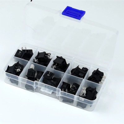 30件KCD11迷你按钮开关10mmx15mm3A250V嵌入式开关黑色翘板套装盒