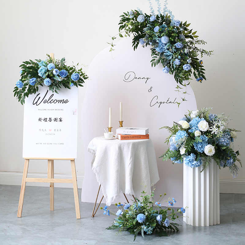 婚庆蓝色花艺布置活动背景装饰花排路引花球迎宾水牌仿真绢花道具