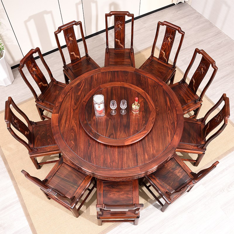 红木餐桌印尼黑酸枝圆桌椅中式雕花饭桌实木家具阔叶黄檀新款
